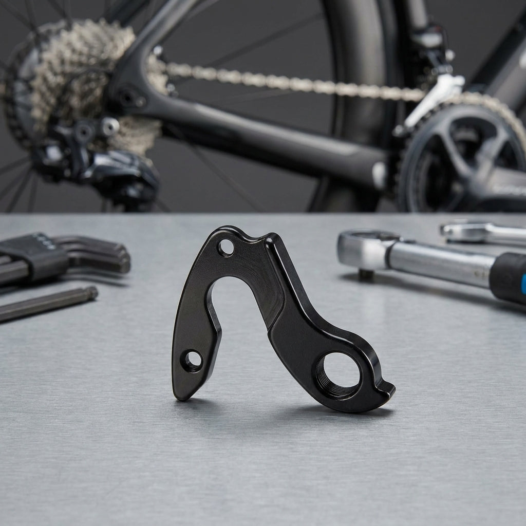 Schwarzes XLC Schaltauge DO-A82 aus Aluminium, Fahrrad-Ersatzteil für Schaltwerk, auf Werkbank mit Werkzeug.