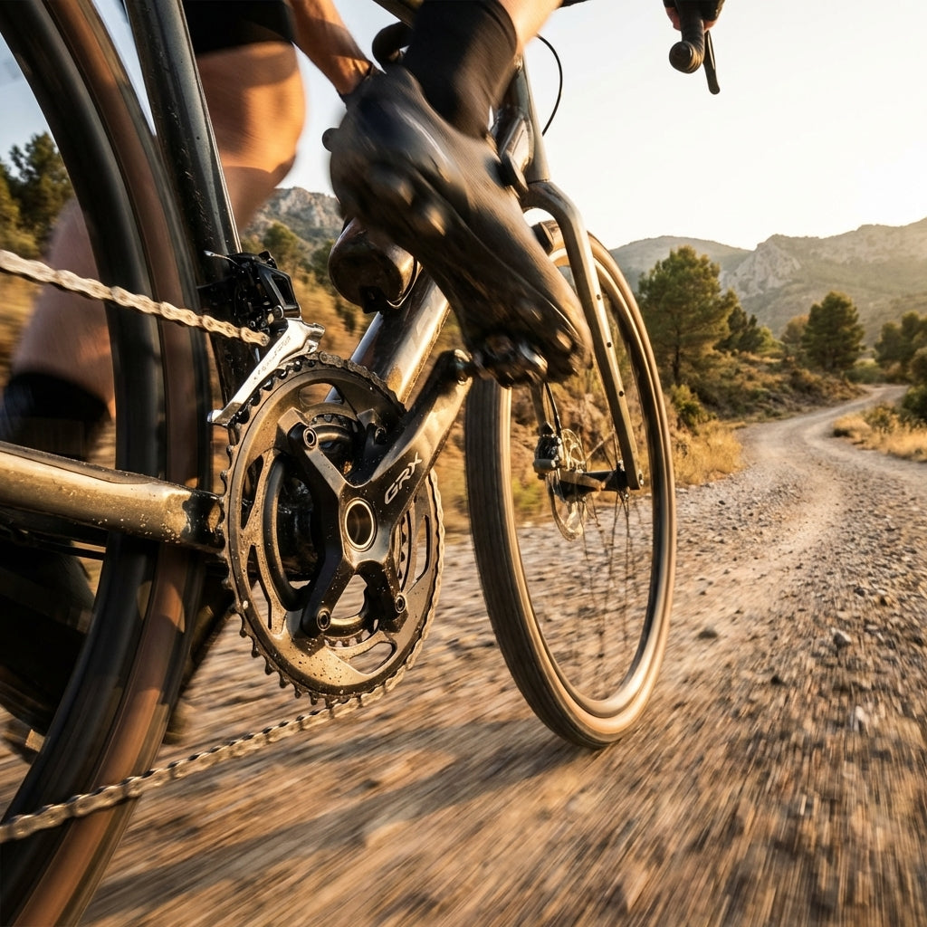 SHIMANO GRX FC-RX600-10 Kurbelgarnitur am Gravelbike auf Schotterweg, 10-fach, 46-30 Zähne.