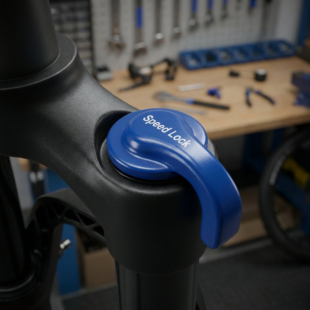 Blauer Drehdeckel Speed Lock für LO-Kartusche SRS SF11-NCX-ELO-LITE-700C an Fahrradgabel.