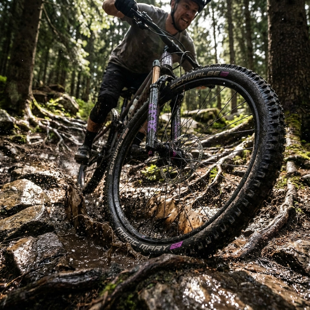 Mountainbiker fährt mit Schwalbe Magic Mary 29x2.40" Reifen durch Schlamm und Wurzeln im Wald.