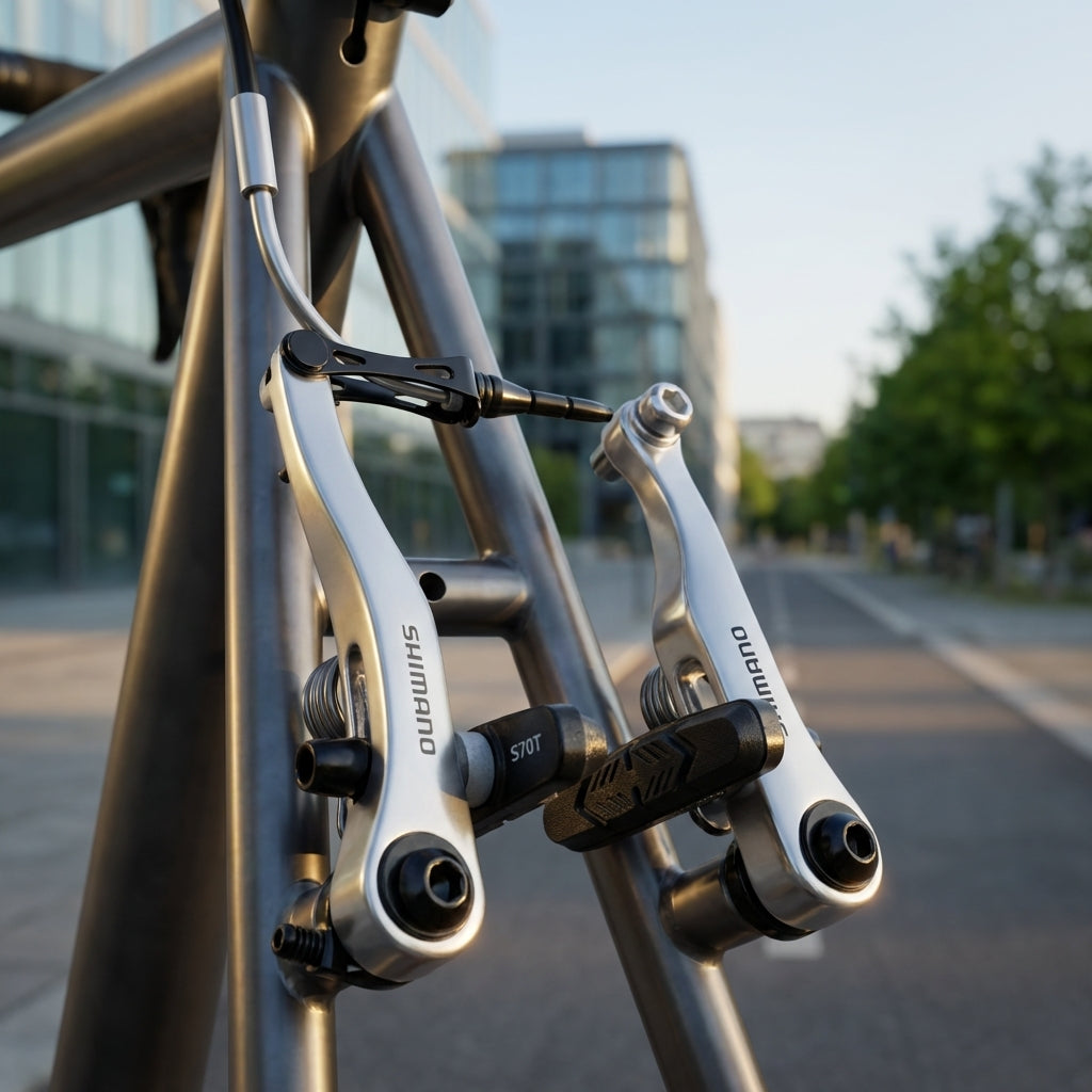 Silberne Shimano BR-R353 V-Brake Felgenbremse für Hinterrad an einem Trekkingrad bei Tageslicht.