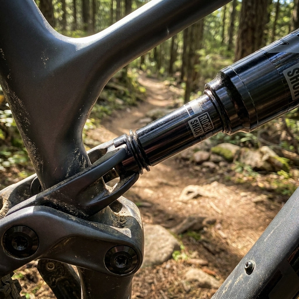 RockShox 3-teilige Dämpfer-Befestigungshardware am Mountainbike-Hinterbau auf sonnigem Waldweg.