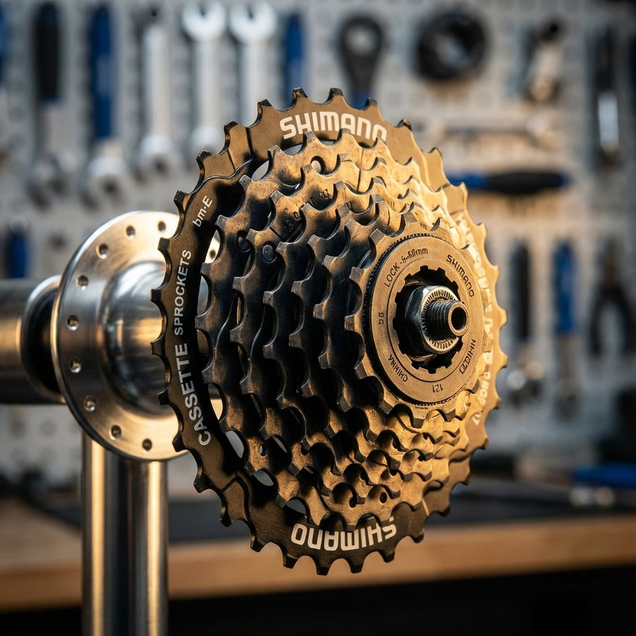 Shimano CS-HG200 7-fach Kassette mit 12-28 Zähnen montiert auf einer Nabe in einer Fahrradwerkstatt.