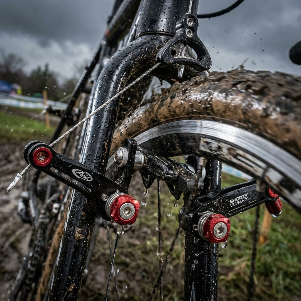 Avid Shorty Ultimate Wide Felgenbremse schwarz am Vorderrad eines Cyclocross-Bikes im Einsatz. Perfekte Bremse für Matsch & Gravel.