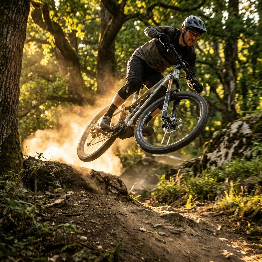 DT SWISS E 1900 Spline DB 29" Hinterrad am Mountainbike in dynamischer Sprung-Aktion über staubigen Trail.