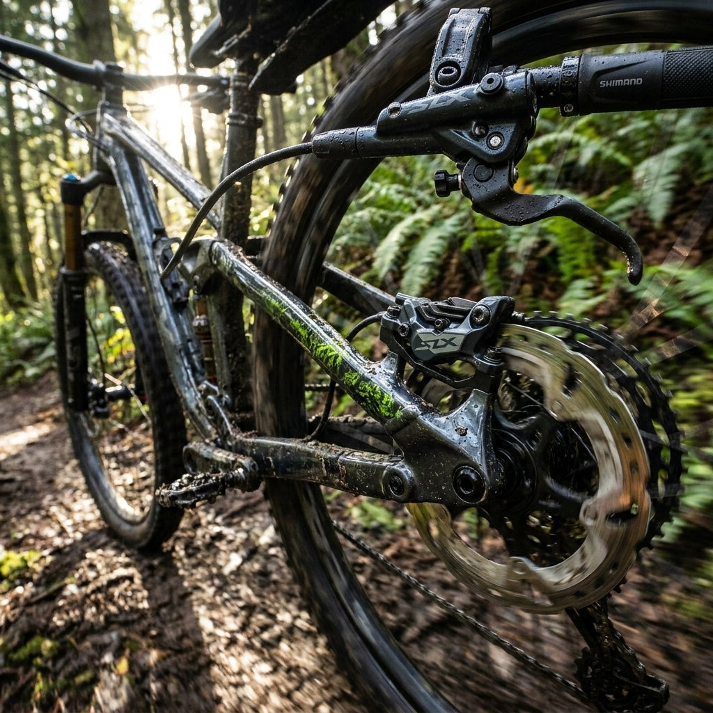 SHIMANO SLX M7120 HR 4-Kolben Scheibenbremse am Mountainbike auf matschigem Trail.