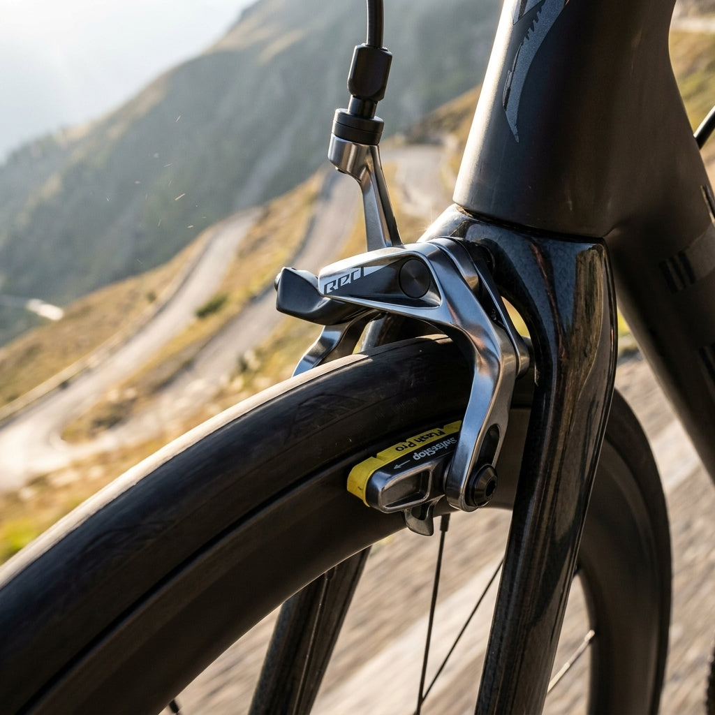SRAM RED AXS Rennradbremse vorne mit Aero Link, SwissStop Carbonbelägen & Reifen vor Bergstraße.