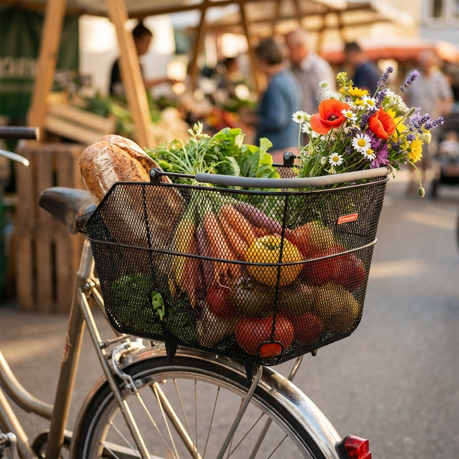 Pletscher Deluxe XXL Hinterradkorb anthrazit, engmaschig, am Fahrrad gefüllt mit Lebensmitteln und Blumen am Markt.