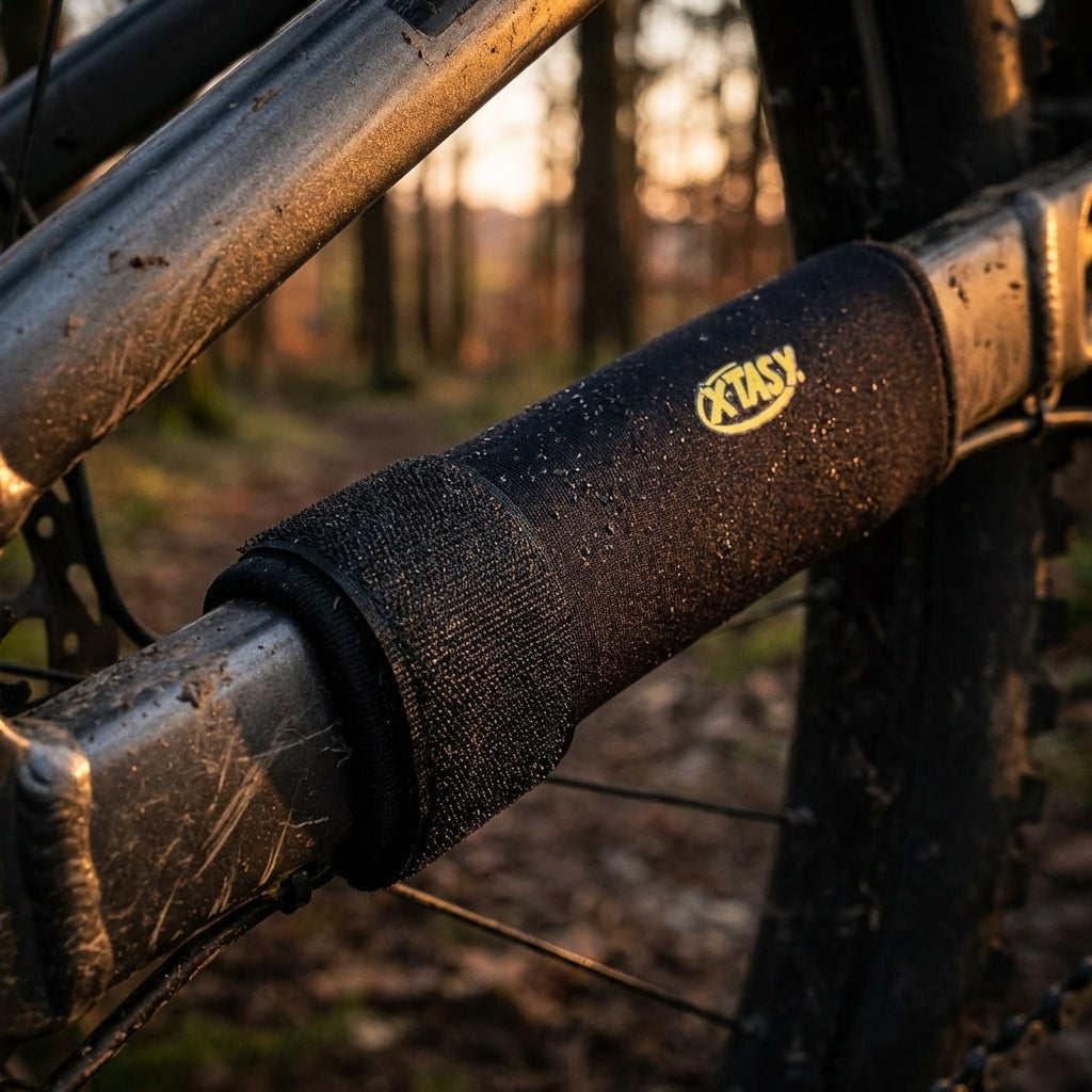 Schwarzer X-Tasy Kettenstrebenschutz aus Neopren für MTB Oversized-Rahmen mit Klettverschluss.