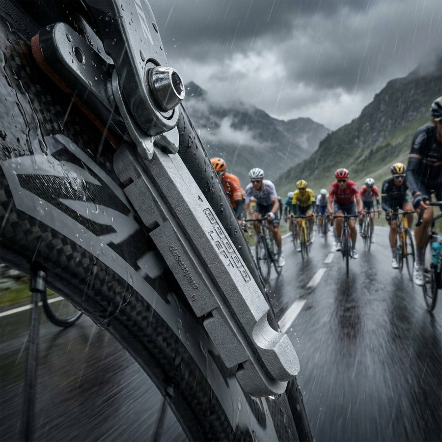Zipp Platinum Pro EVO Bremsbeläge für Carbon Felgen Campagnolo am Rennrad bei Regenrennen.