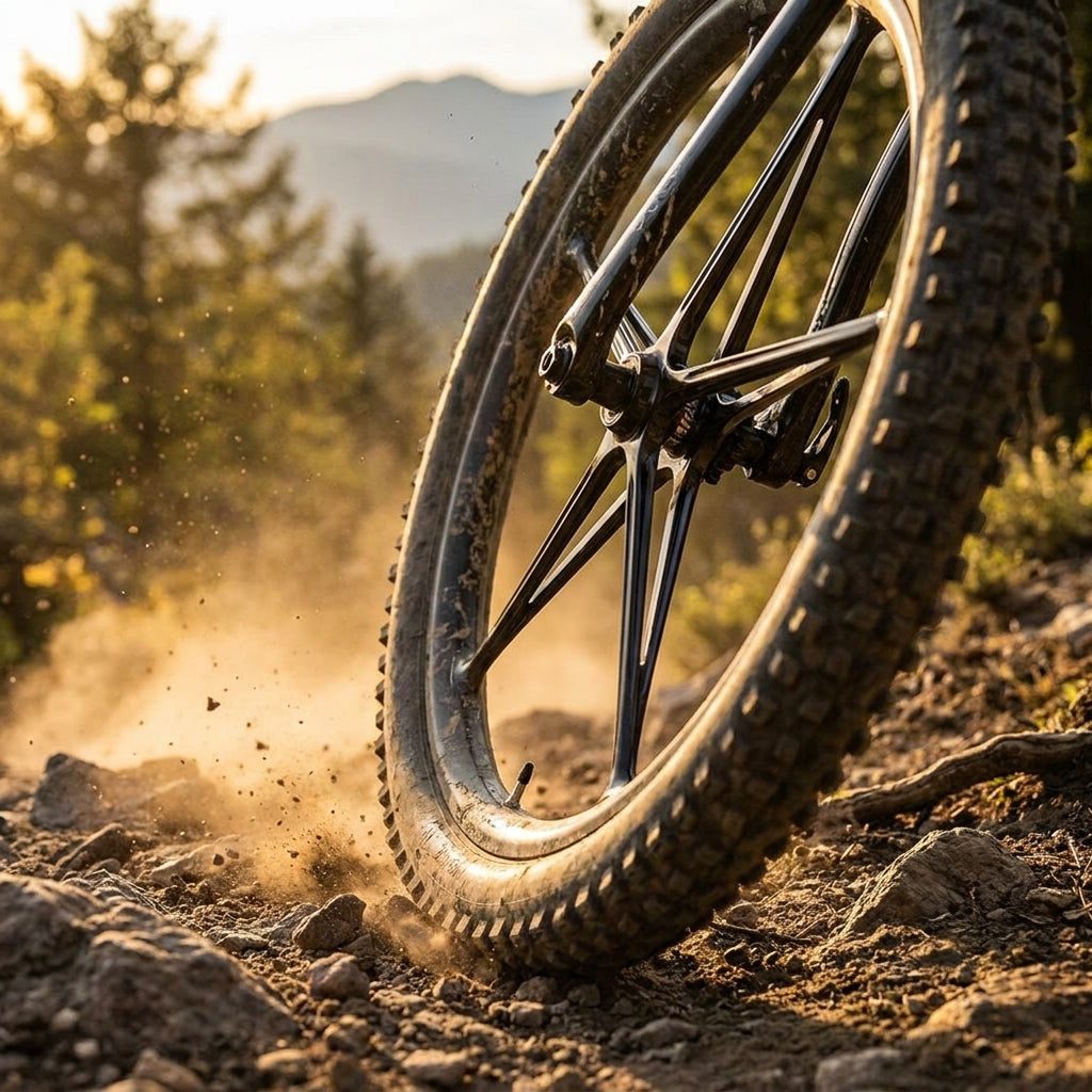 DT Swiss Complite Speichen im schwarzen Mountainbike-Laufrad auf staubigem Offroad-Trail in Aktion.