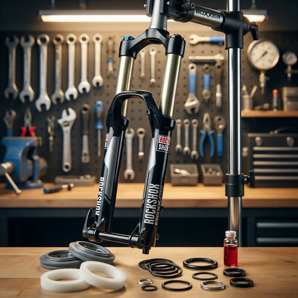 Rockshox Boxxer Gabel beim Service mit Basic Kit Dichtungen, O-Ringen und Öl auf Werkbank.