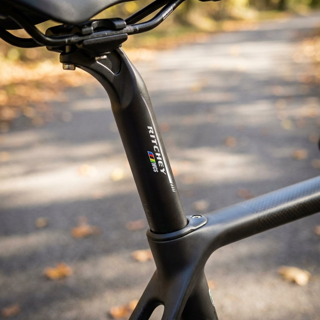 Ritchey WCS Link Sattelstütze aus schwarzem Carbon, am Fahrrad montiert. Detail auf einem Herbstweg mit Laub.