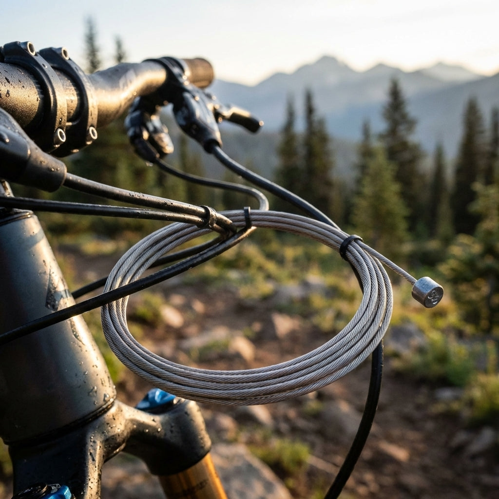 SRAM Slickwire MTB Schalt-/Bremszug auf Mountainbike-Lenker mit Bergkulisse im Hintergrund, feine Tropfen auf dem Rad.