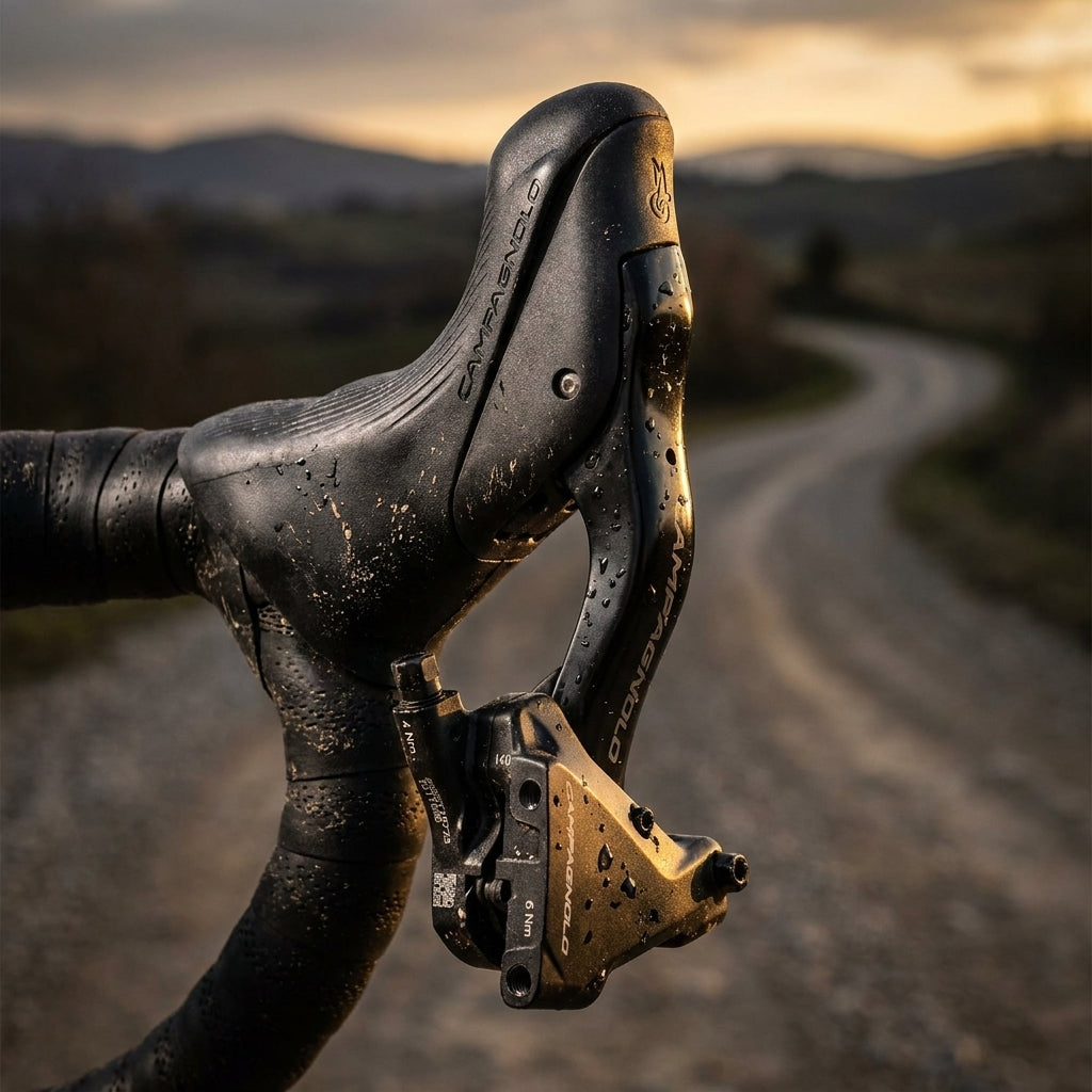Campagnolo Ekar Brems-Schalthebel links und Bremssattel, schmutzig auf Gravelbike Lenker mit Schotterweg.