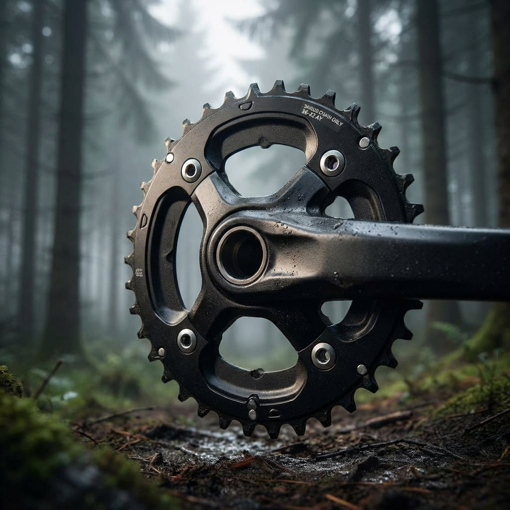 Schwarzes Shimano Deore FC-M617 Kettenblatt 36 Zähne für 2x10-fach Antriebe in einer nebligen Waldlandschaft.