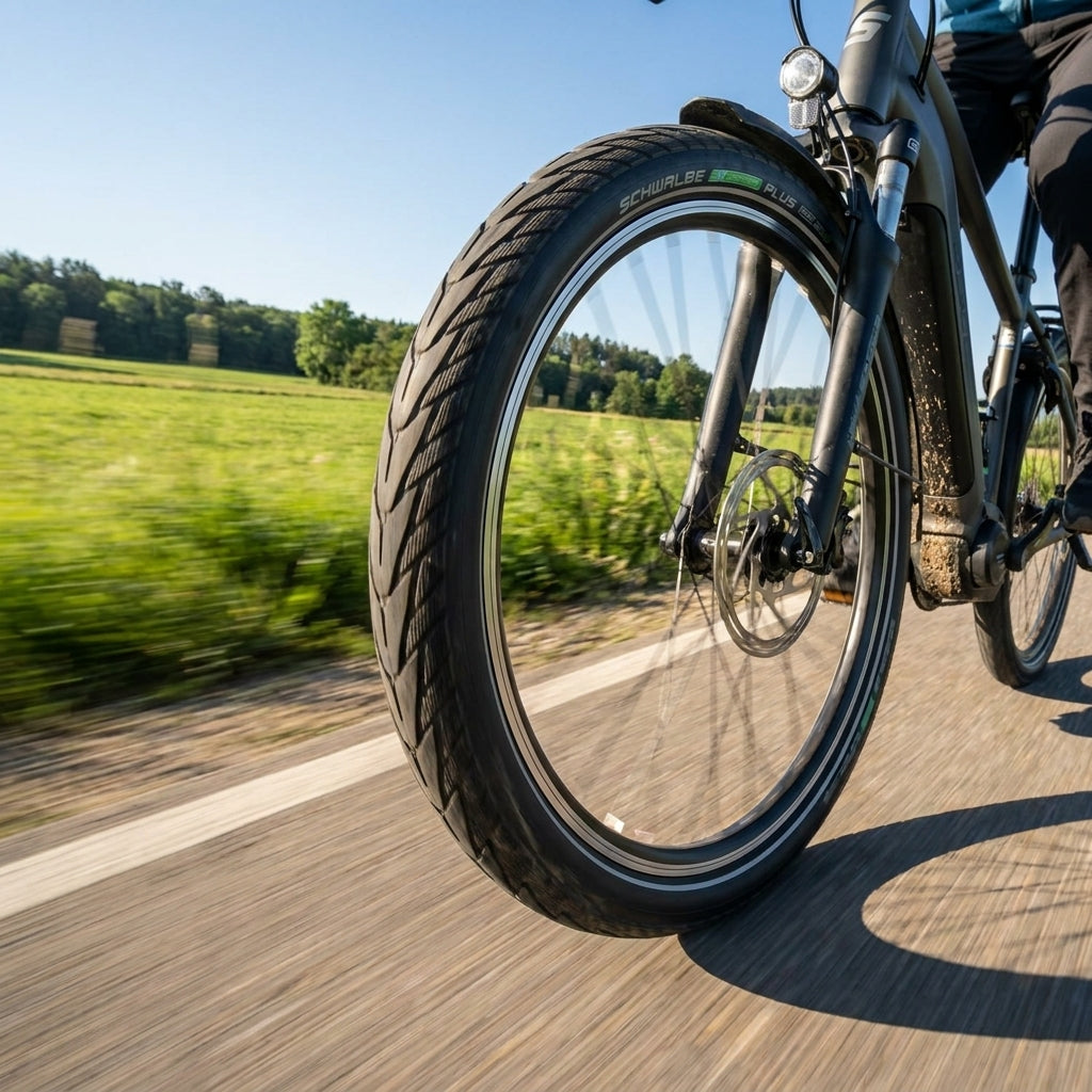 Schwalbe ENERGIZER PLUS E-Bike Reifen 28x1.40 auf der Straße in Bewegung.
