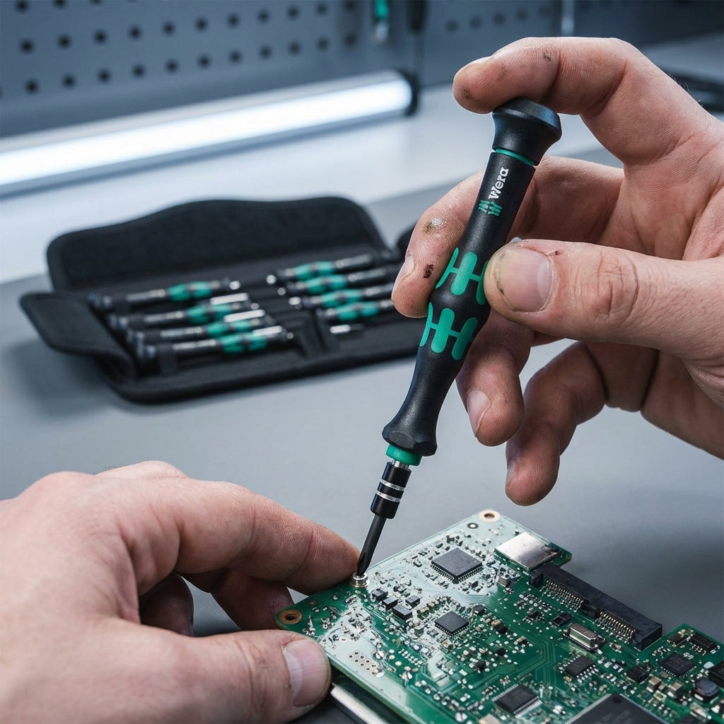 Wera Kraftform Micro 12 Universal 1 Schraubendreher-Set: Hand benutzt Schraubendreher an Elektronikplatine.