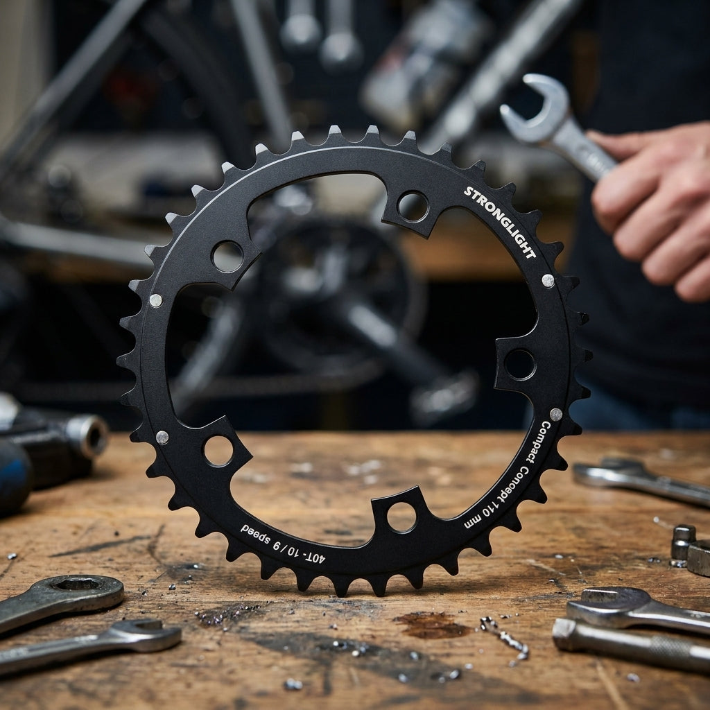 Schwarzes Stronglight Kettenblatt 40Z 110mm Lochkreis auf Werkbank mit Werkzeug.