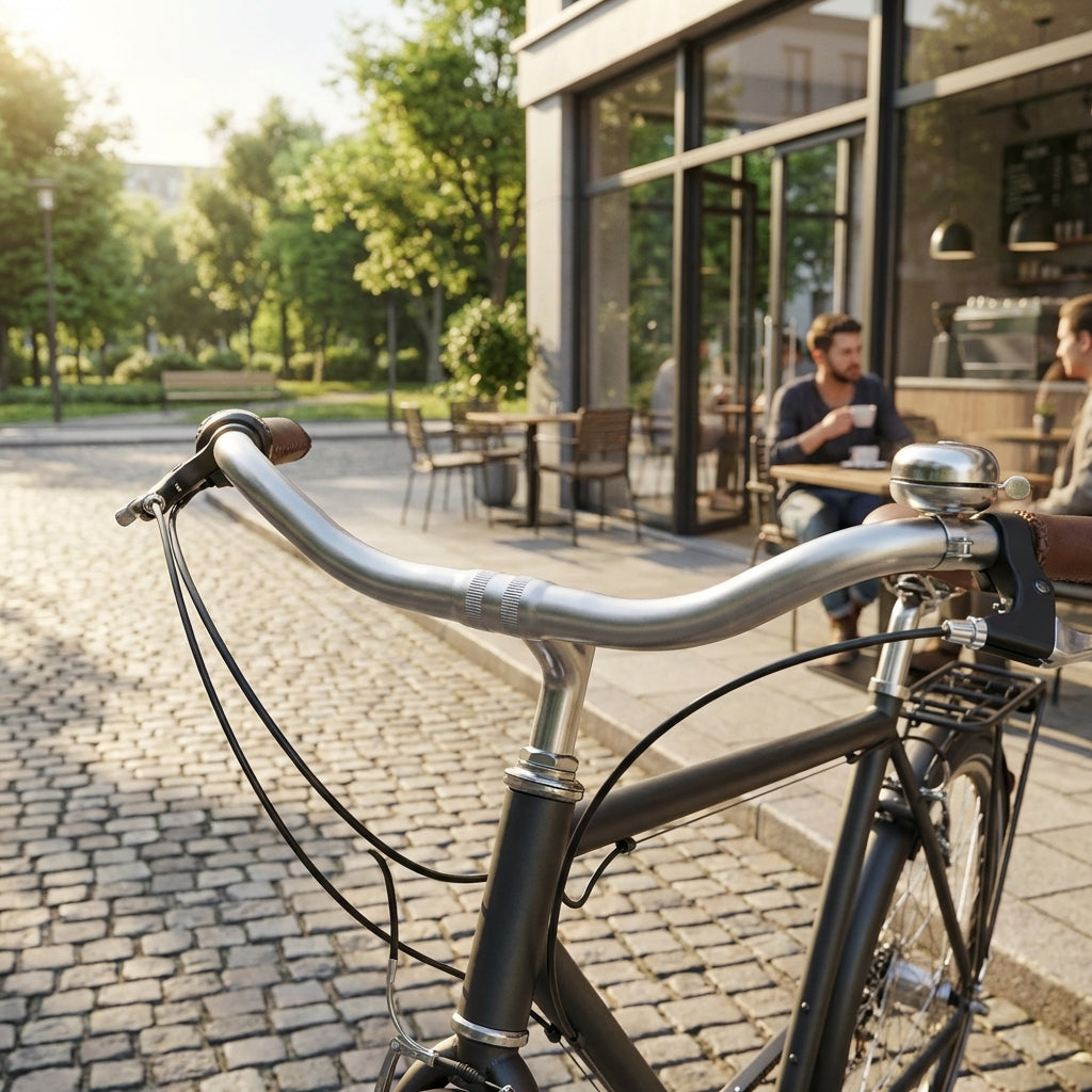 Ergotec Lenkerbügel Moon Cruiser im Alu-Look am Fahrrad, mit Café und Park im Hintergrund.