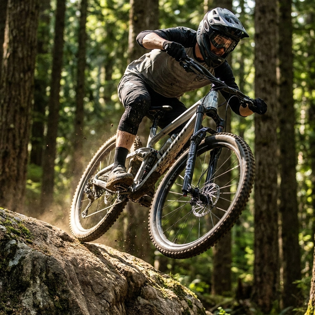 RockShox Lyrik Select 29 Zoll Federgabel an Mountainbike in Aktion. Enduro-Fahrer auf technischem Trail. 160mm Federweg.