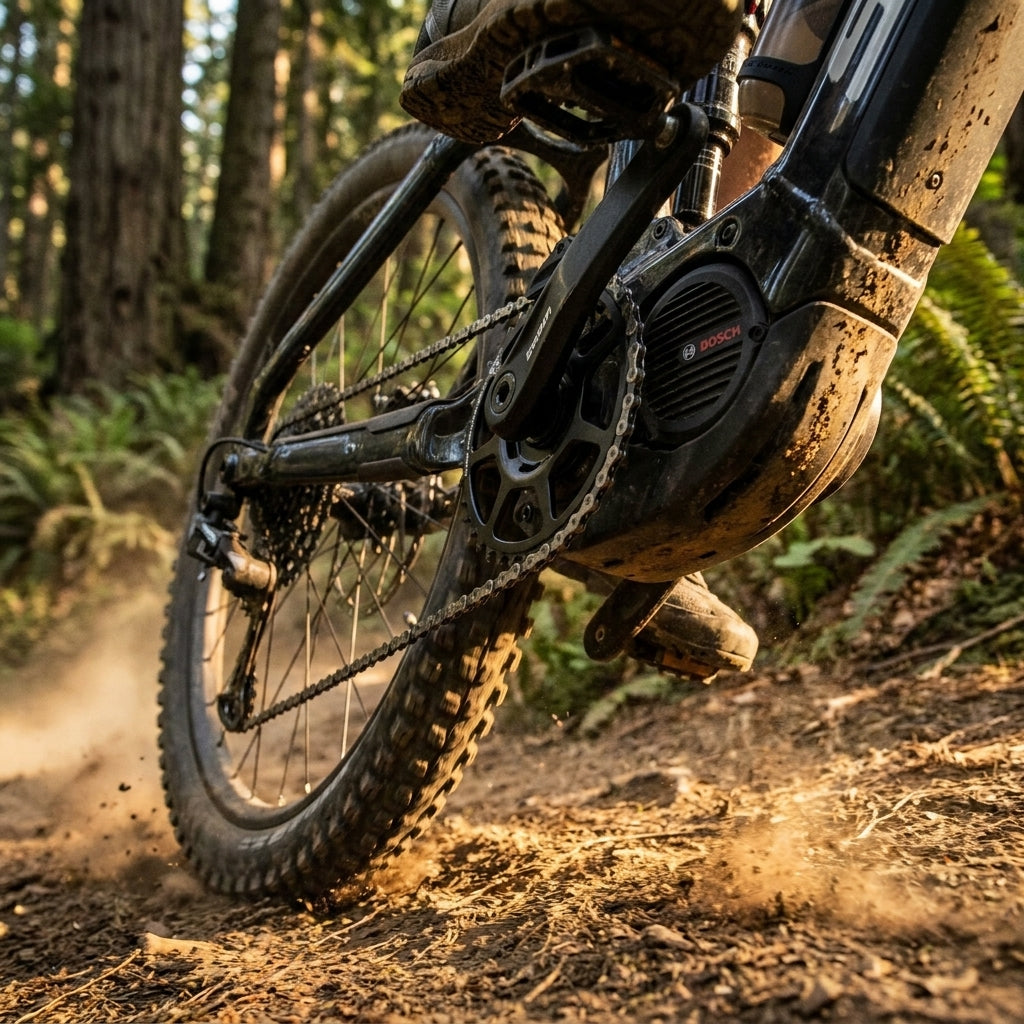 SRAM X-Sync E-MTB 38T Kettenblatt für Bosch Gen.4 am E-Bike auf dem Trail, schwarz.