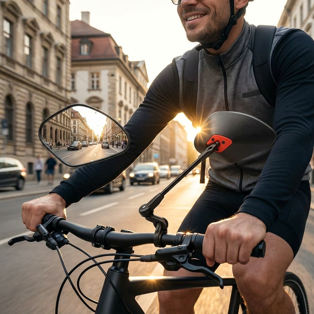 Krampe KF Sport Fahrradspiegel schwarz am Fahrradlenker eines Radfahrers, reflektiert Stadtansicht.