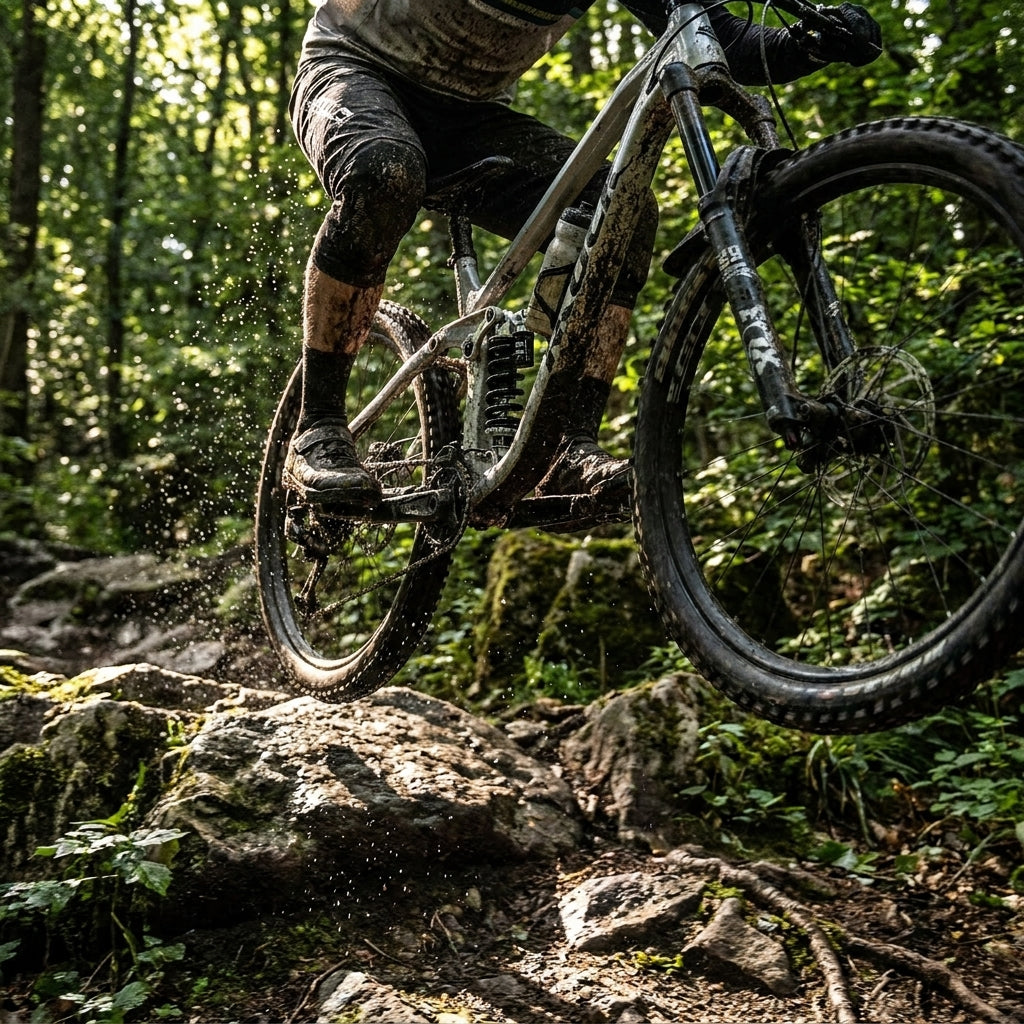 CNC-gefräster XLC Federdämpfer RS-F01 aus Aluminium am Mountainbike in Offroad-Action.