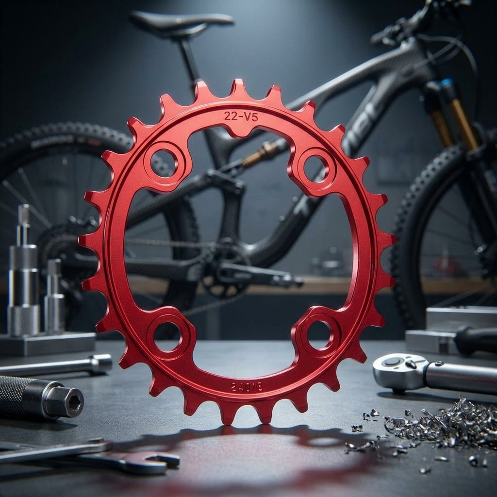 Rotes Truvativ 22 Zähne Alu-Kettenblatt auf Werkbank, mit Fahrrad und Werkzeug im Hintergrund.