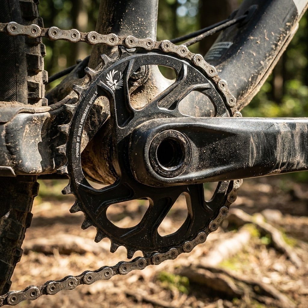 SRAM X-Sync Eagle oval 32T Kettenblatt am 12-fach MTB mit Kette, leicht verschmutzt im Gelände.