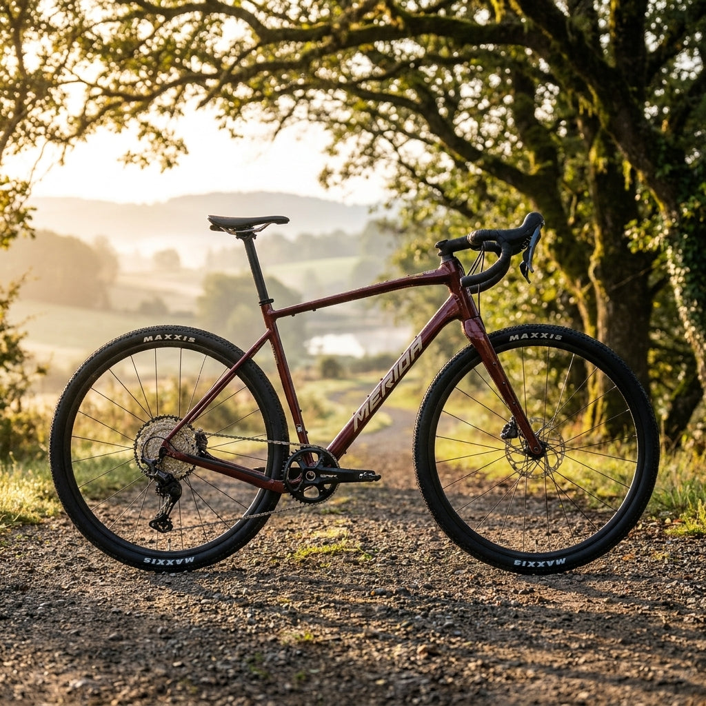 MERIDA SILEX 700 Gravelbike elegant wildberry, Alurahmen, Carbongabel, Shimano GRX 12-fach auf Schotterweg.