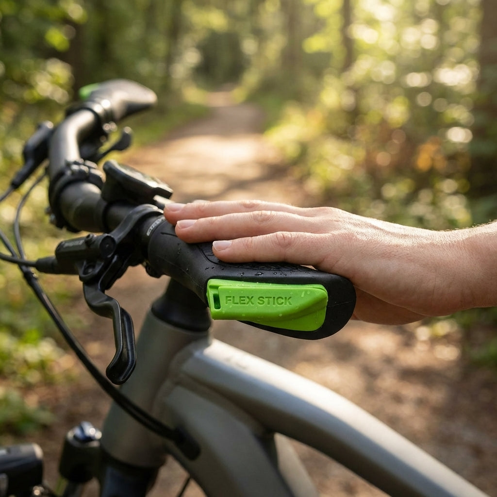 Ergotec Griff-Dämpfungskeil EG Active Flex Stick grün am Fahrradlenker mit Hand auf sonnigem Waldweg.