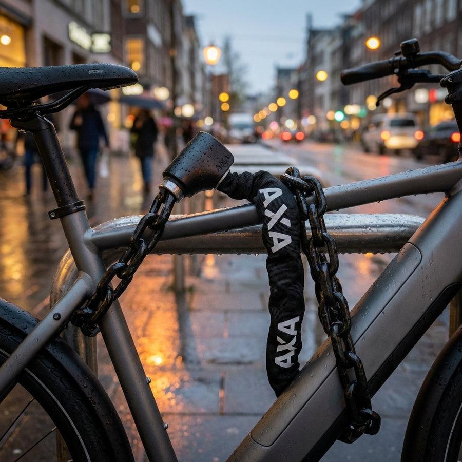 Axa Kettenschloss Absolute 9/110 schwarz Nachfolger Cherto 95 Compact am Fahrrad im Regen auf nasser Straße.