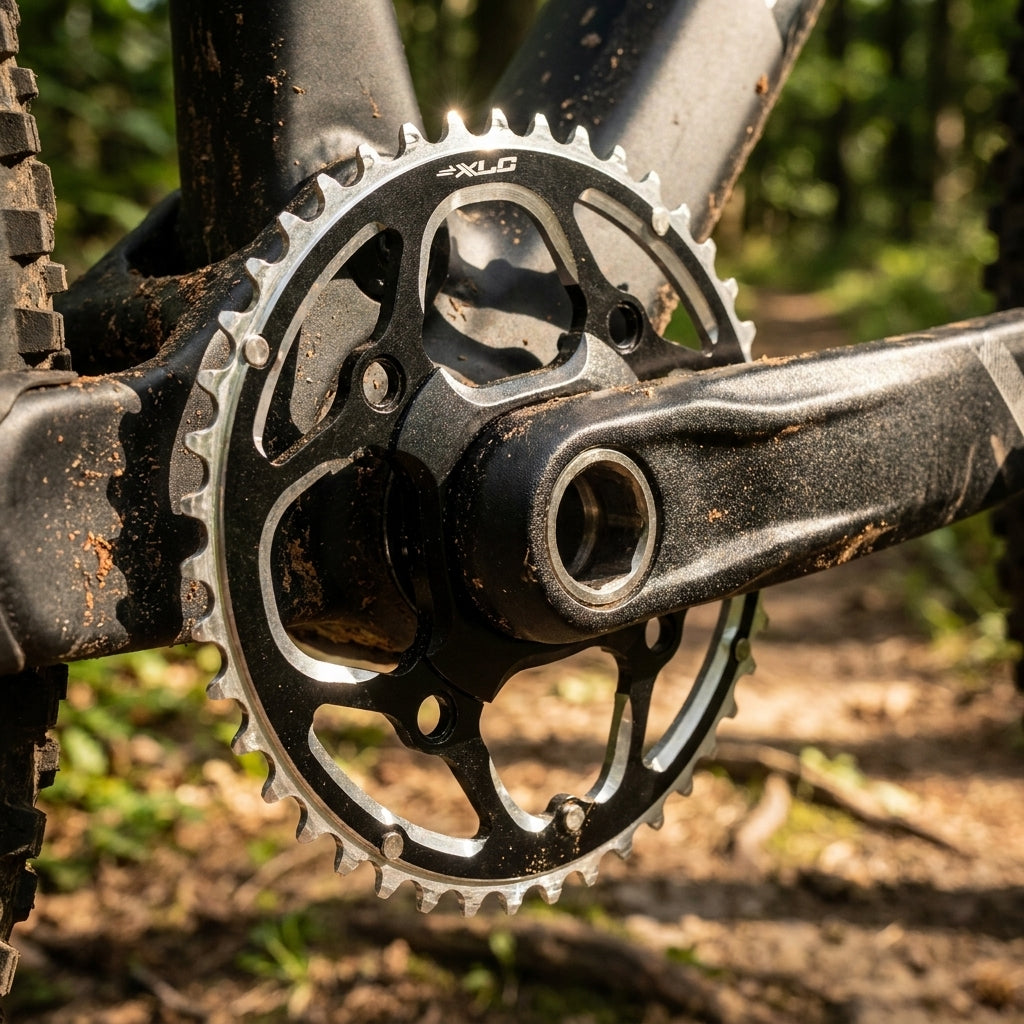 XLC Kettenblatt CR-A01 22 Zähne LK 64 mm an verschmutztem Mountainbike-Antrieb im Wald.