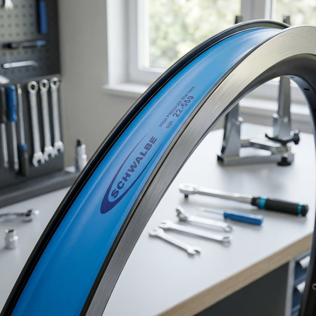 Blaues Schwalbe High-Pressure Felgenband PU 20-559 auf Fahrradfelge für Pannenschutz, umgeben von Werkzeugen.