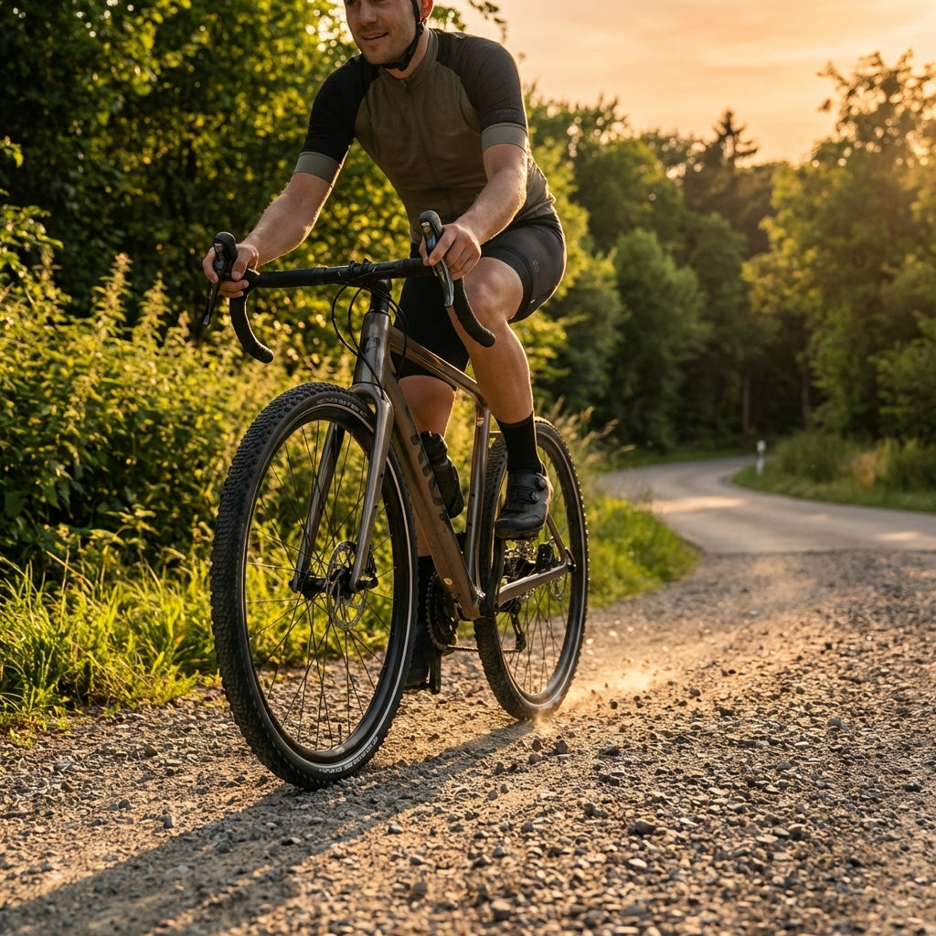 Schwalbe Reifen CX COMP 26x2.00 auf Gravelbike im Einsatz auf Schotterpiste bei Sonnenuntergang.