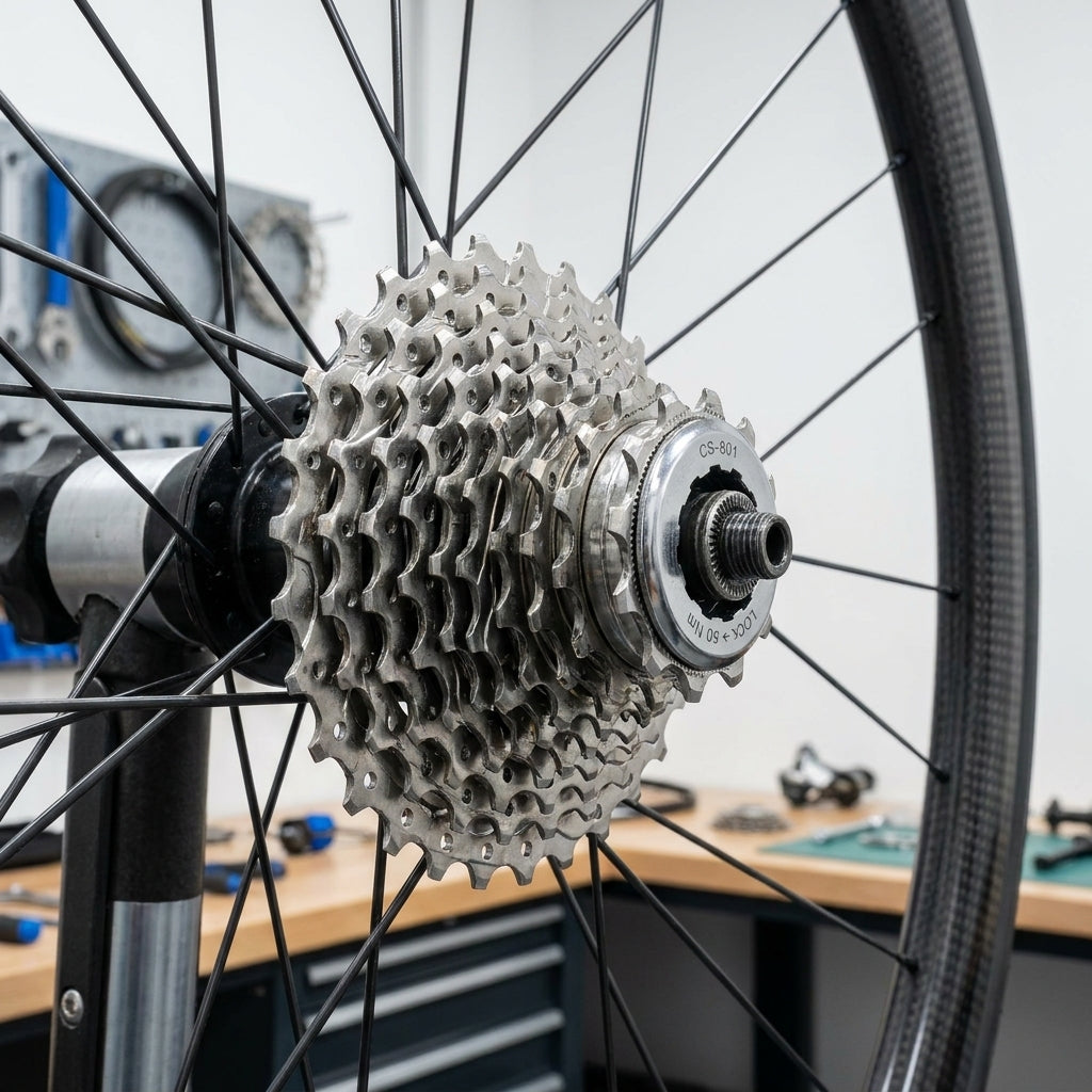 Campagnolo Veloce 9s Zahnkranz-Kassette 12-23 Zähne auf Fahrradhinterrad montiert, Detailaufnahme.