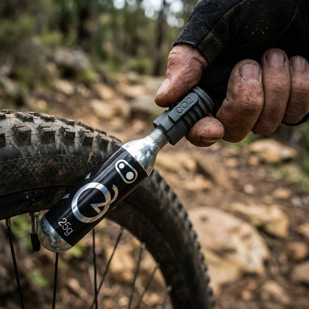 Crankbrothers CO2 Kartusche 25g mit Gewinde und Aufsatz. Schnelle Fahrrad-Pannenhilfe für MTB, Rennrad. Sofortiger Reifendruck unterwegs.