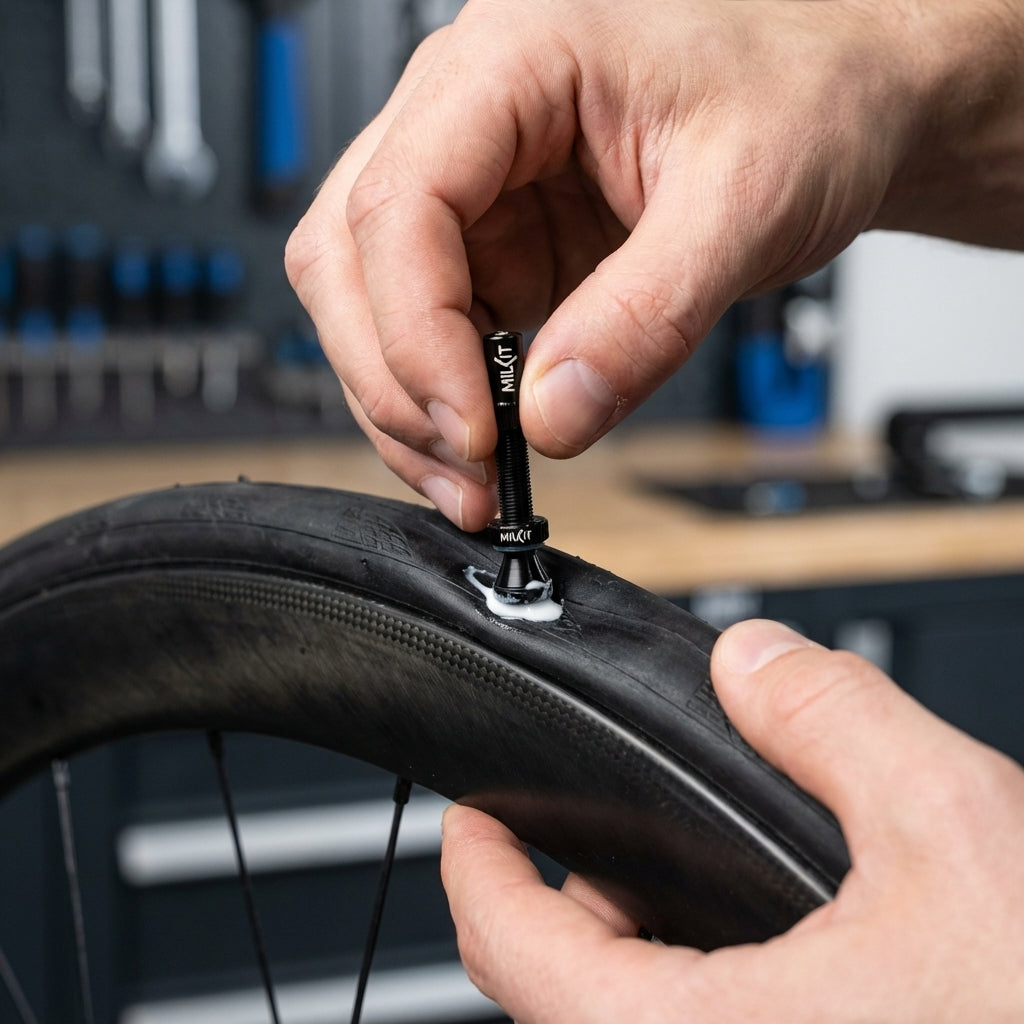 milKit Tubeless-Ventil DV5 55mm wird von Händen sauber in Fahrradreifen montiert, Dichtmittel sichtbar.