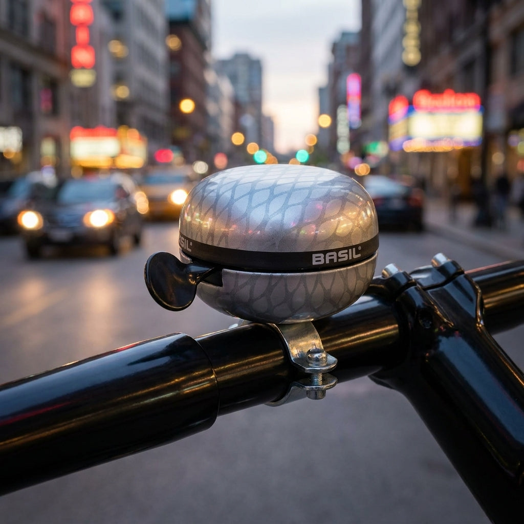 Basil Ding-Dong Klingel Noir silver metallic Ø60mm am Fahrradlenker, Stadtansicht mit Lichtern im Hintergrund.
