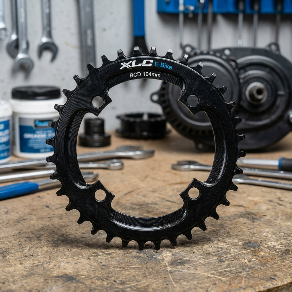 XLC E-Bike Kettenblatt aus Stahl für Mittelmotor, 32 Zähne, BCD 104mm. Robustes Ersatzteil für maximale Leistung.
