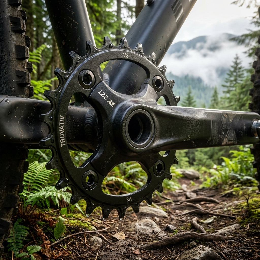 Truvativ MTB Kettenblatt V3 22T schwarz eloxiert am Mountainbike auf Waldweg.
