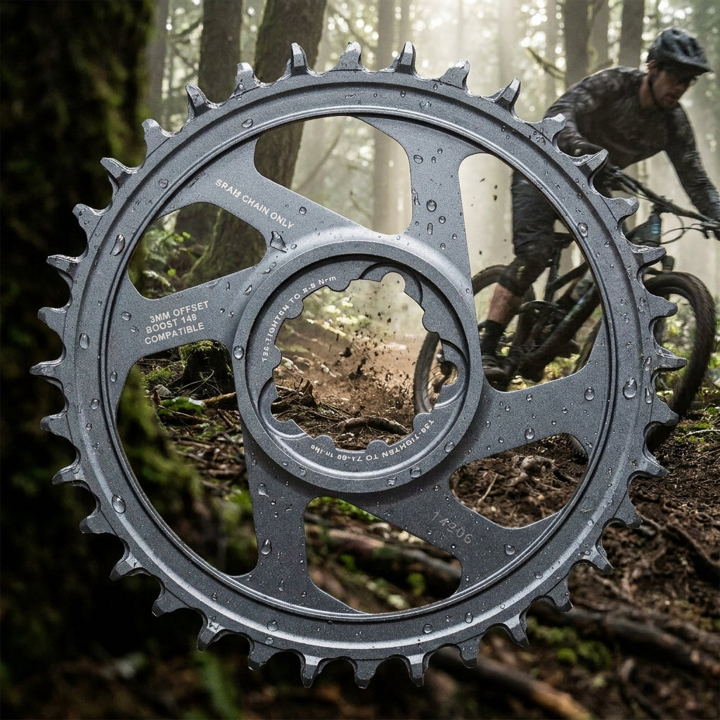 SRAM X-Sync 2 Eagle Kettenblatt 36 Zähne 3mm Offset grau. Robustes MTB-Kettenblatt im Einsatz mit Mountainbiker.