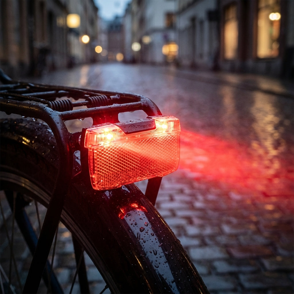 Herrmans H-Trace Dynamo Gepäckträgerrücklicht 50mm StVZO leuchtet rot am Fahrrad bei Nässe in der Stadt.