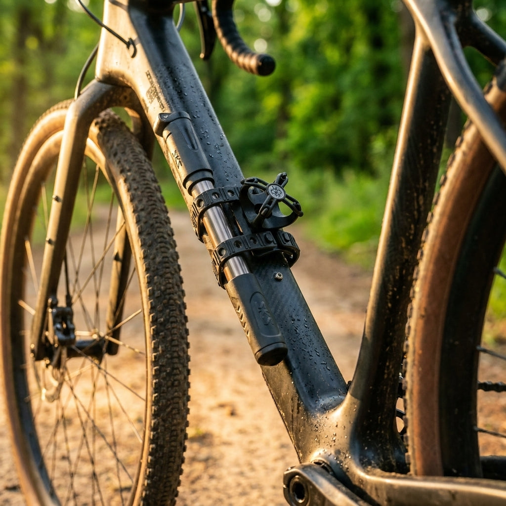 SKS Cross-Grip Multipositions-Pumpenhalterung mit Gummibefestigung am Fahrradrahmen, inkl. SKS Pumpe und Werkzeug.
