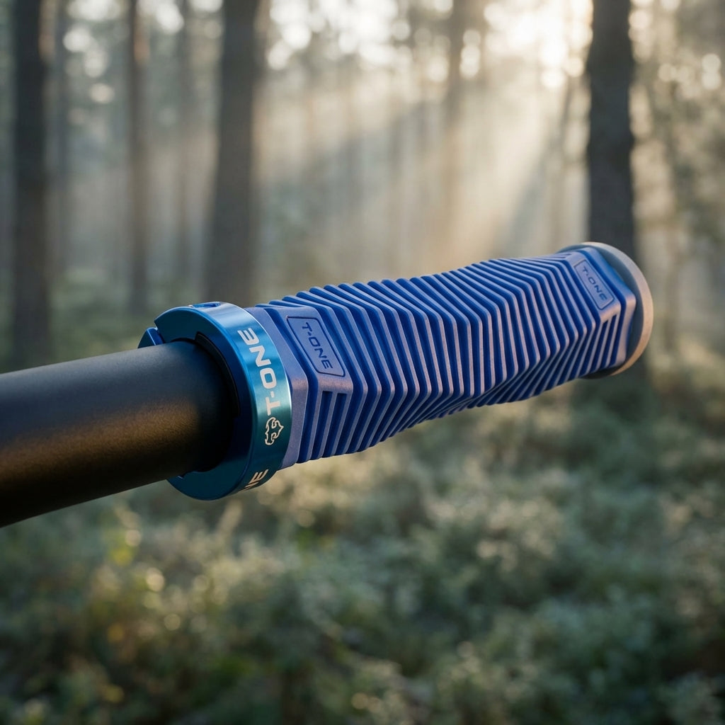 T-One DNA Fahrradgriffe in Blau-Grau mit ergonomischer Form und Aluminium-Klemmung für optimalen Grip.