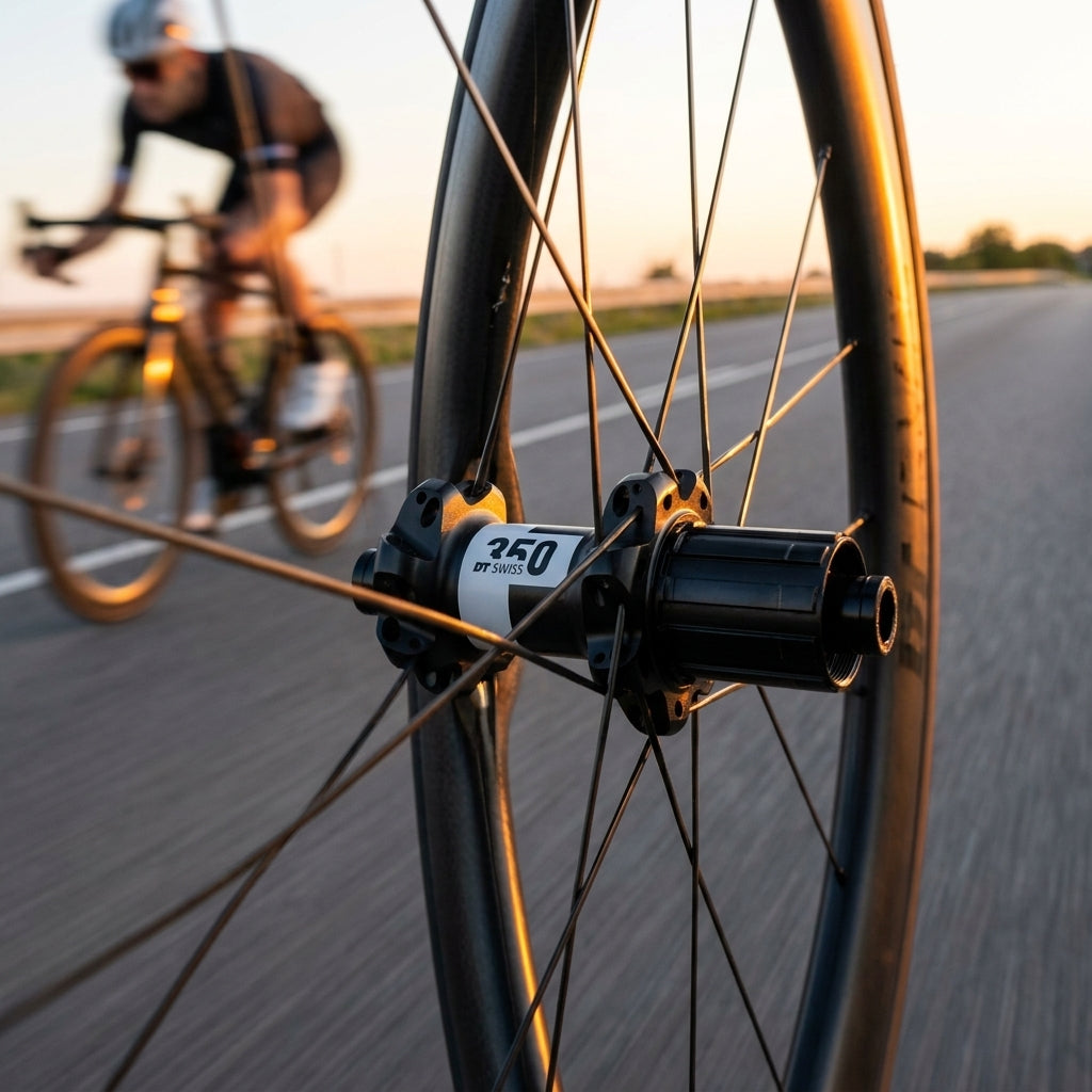 Zuverlässige DT Swiss Rennrad-Vorderradnabe 350 Straightpull Schwarz am Rad, Radfahrer fährt auf Straße bei Sonnenuntergang.