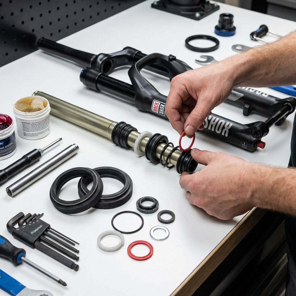 RockShox Federgabel Service-Kit Pike DJ A1 Basic: Mann wartet Federgabel, montiert Dichtung, zeigt Dichtungen, O-Ringe, Werkz