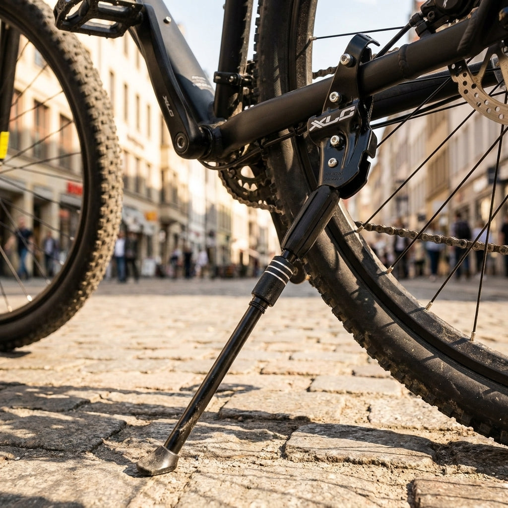 XLC Hinterbauständer KS-R02 schwarz an Fahrrad auf Kopfsteinpflaster, verstellbar für 26-29 Zoll Bikes.