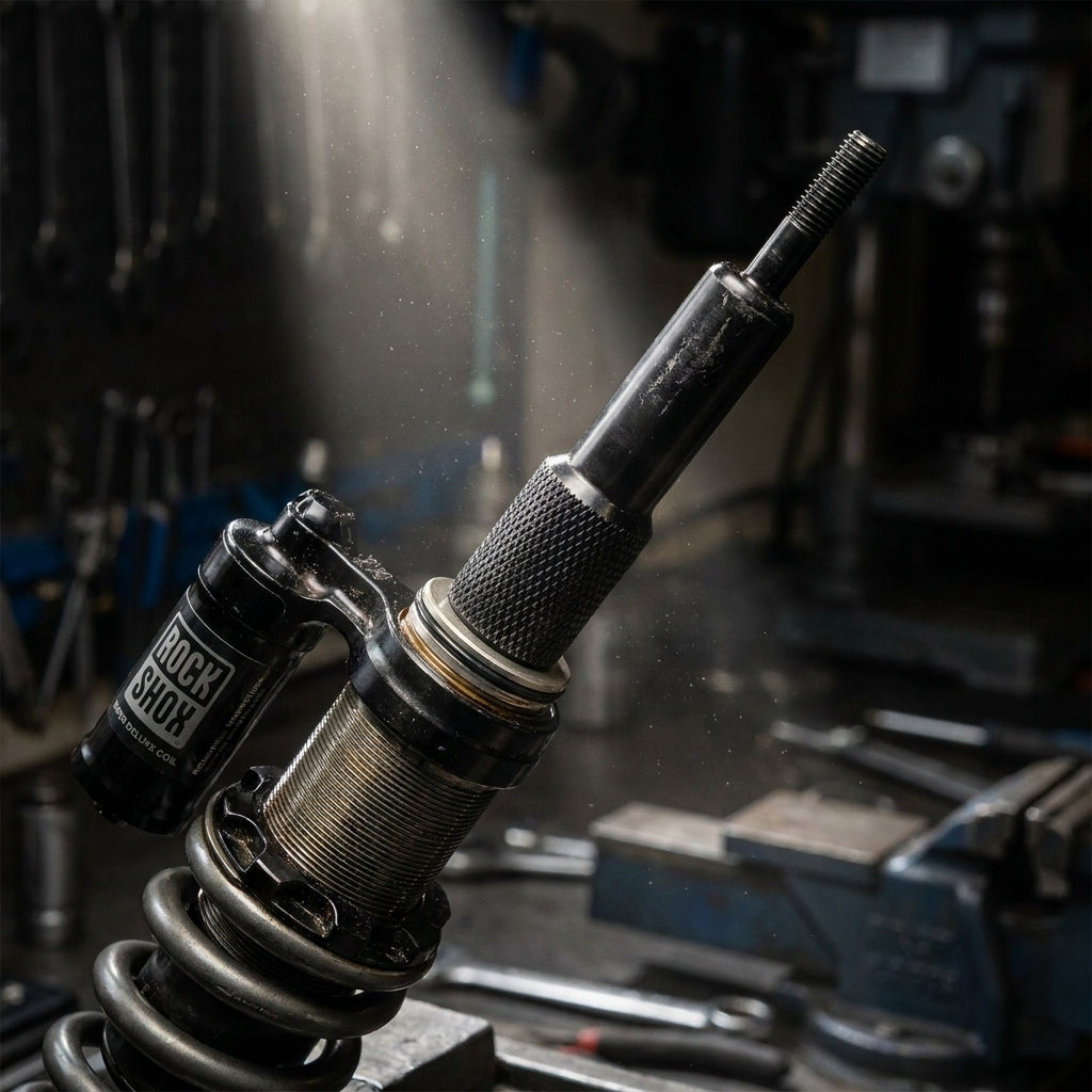 RockShox IFP Puller Werkzeug an Super Deluxe Coil Dämpfer in Werkstatt für Fahrrad-Wartung.